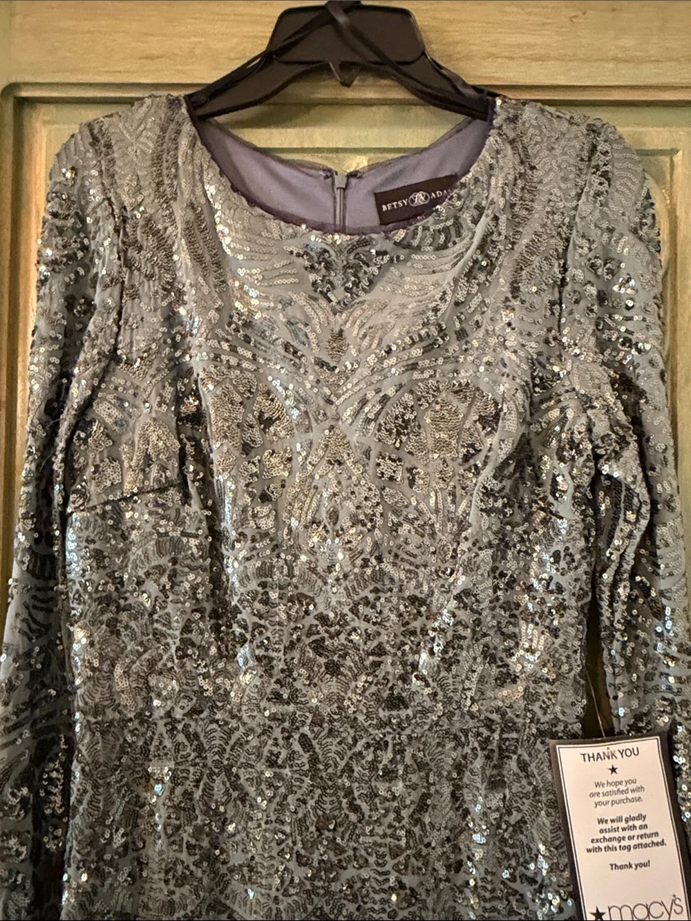 Betsy Adam Slate Gray Sequin Long Sleeve Cocktail Dress